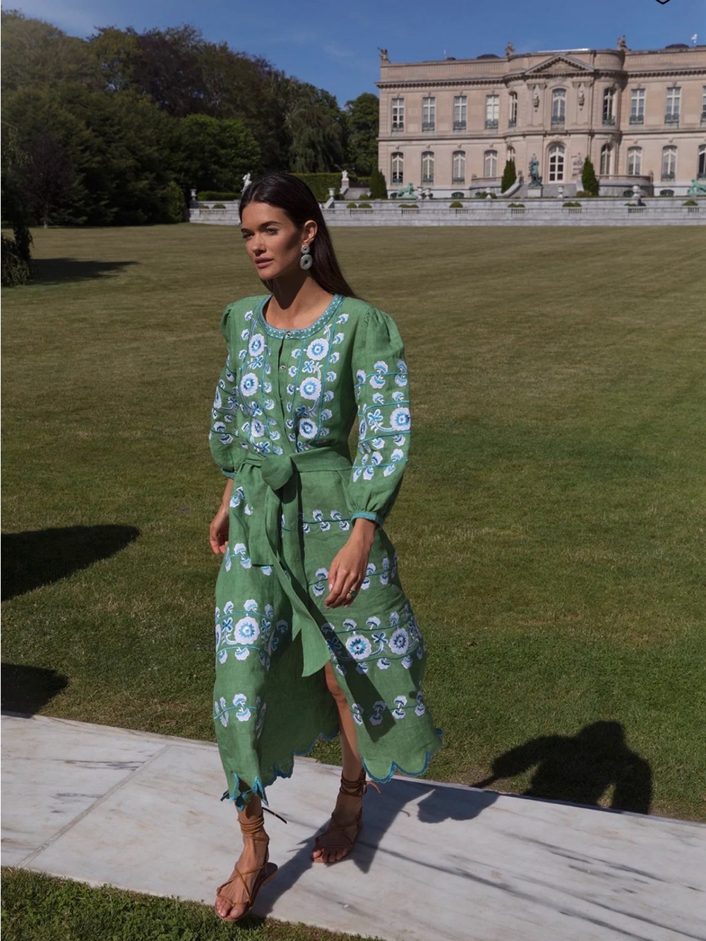 Lucia dress by ASHA emerald green linen with blue embroidery! Perfect dress! - Picture 3 of 9